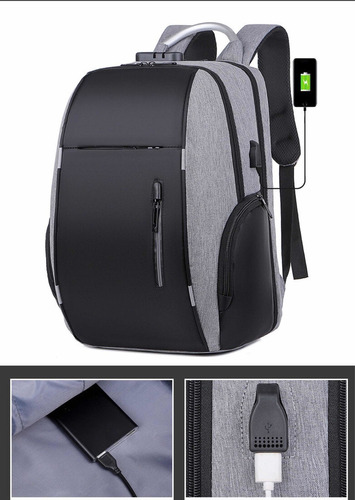 Mochila Escolar Antirrobo Bolsa Impermeable Laptop Carga Usb Color Negro A Diseño De La Tela Poliéster