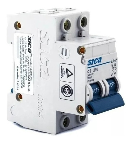 Imagen 2 de 7 de Llave Termica 2x5 A Sica Termomagnetica Bipolar 2 X 5 Amp.