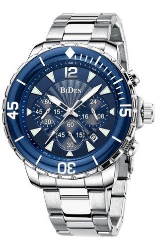 Reloj Biden para hombre con correa de acero inoxidable de cuarzo de lujo, color plateado/azul