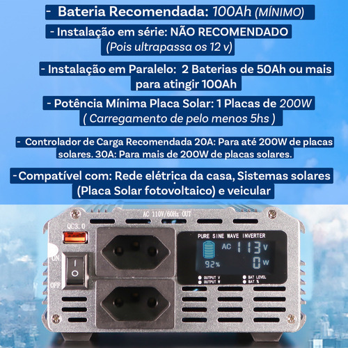 Kit Inversor 12v Para 110v 1000w Onda Senoidal Pura Pico 2000w Painel Led Com Indicador Botão Liga/desliga Tripla Proteção Tomada Universal Acompanha Garra De Jacare 100a Brinde