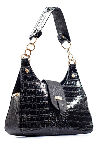 Bolsa Satchel Irma Cocodrilo Charol Negro - Angelozano