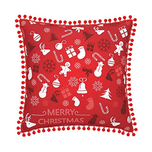 Fundas De Cojín Navideñas 18x18 Pompones Rojos