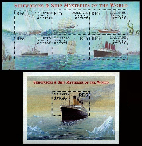 Barcos Siniestrados - Titanic - Maldivas - Hoja + Block Mint
