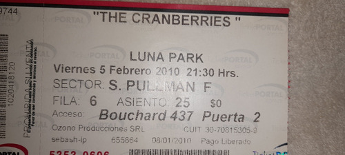 Entrada The Cranberries En El Luna Park 5 De Febrero De 2010