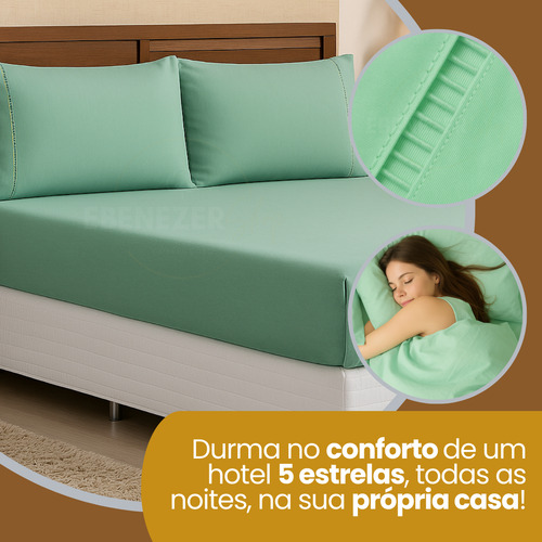 Jogo De Lençol King C/ Elástico E Fronhas Ponto Palito 3 Peças 400 Fios Hotel Premium Cor Verde Agua