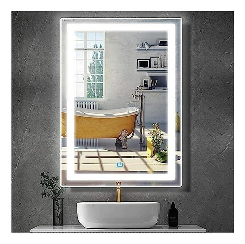 Espelho Jateado Iluminado Com Led E Touch Screen 100x60cm Moldura Branco Frio 6000k Na Horizontal