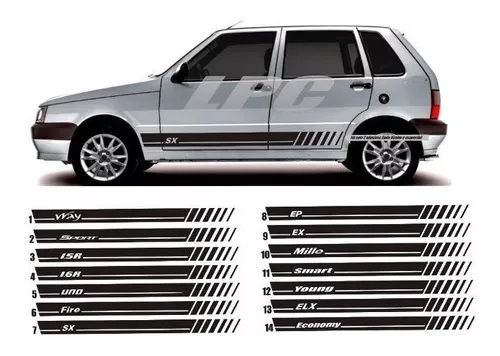 Kit Adesivo Fiat Uno Faixa Lateral Capo E Tras Carro Imp335