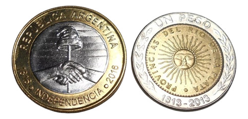 Argentina Set 1 Y 2 Pesos 2013 - 2016 Conm. Bicentenario Unc