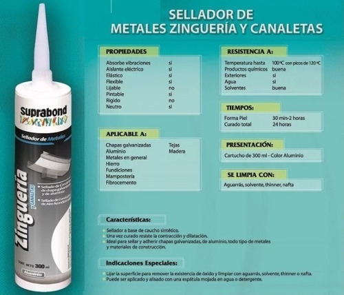 Imagen 3 de 8 de Sellador De Metales Zingueria Y Canaleta Suprabond 300 Ml