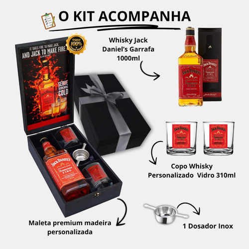 Kit Premium Whisky Jack Daniels Fire 1 Lt + 2 Copo + Dosador
