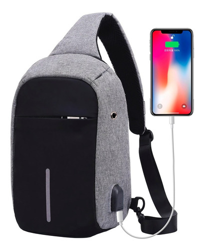 Bandolera Bolso Para Hombre Informal Con Carga Usb Color Gris