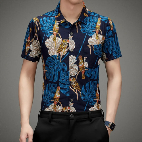 Camisas De Algodón Con Flores Para Hombre, Manga Corta, Algo