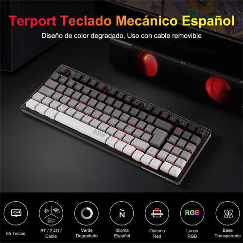 Terport 90% Teclado Mecánico Inalambrico En Español Tr95 Volcán, Bluetooth+usb+cable Removible, Outemu Red Switch Hotswap, 95 Teclas Antighosting, Luces Rgb, Juegos&oficina Win/mac