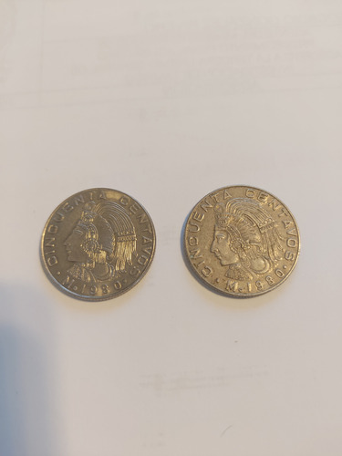 2 Monedas De 50bcentavos De 1980, Cuahutemoc 