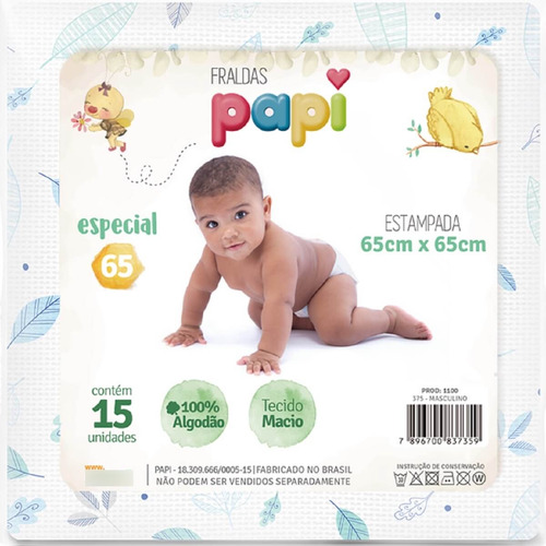 Fralda 100% Algodão Papi 65 Menino 65x65cm Com 15 Unidades