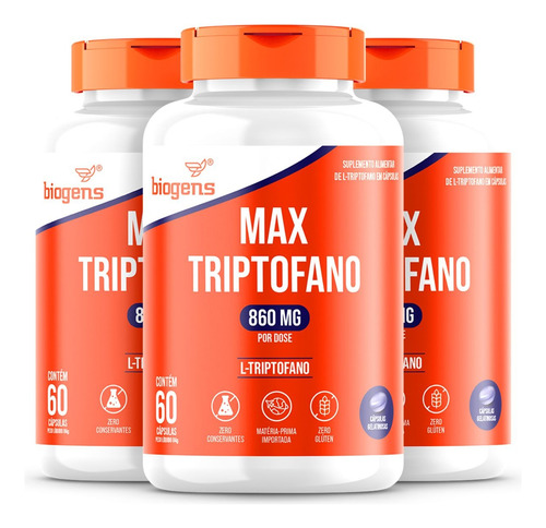 Kit 3 Max Triptofano 860mg Concentração Máxima 60 Cápsulas
