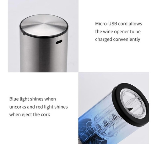 Imagen 2 de 9 de Sacacorchos Eléctrico P/vino 4 En 1 D/acero Inox. Recargable
