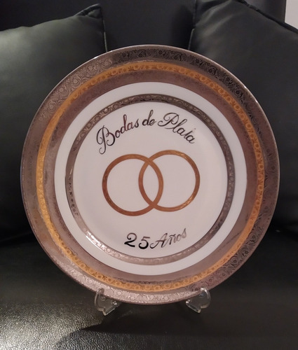 Plato Porcelana Limoges Francia Biselado Oro Plata, 25 Años. (Usado)