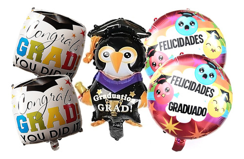 Globos Graduación 5 Globos. Pingüino Y 4 Globos Graduación