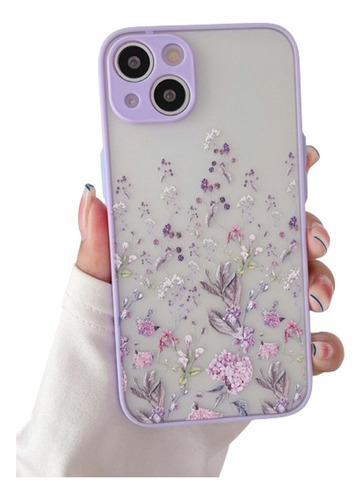 Forro Para iPhone 12 Transparente Con Marco Morado Y Flores