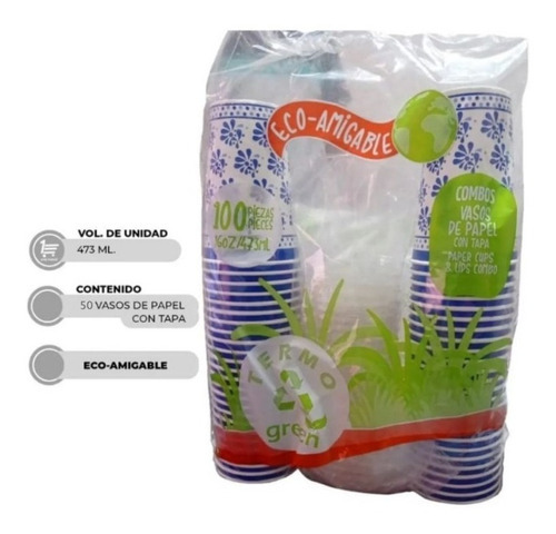 Vaso Ecológico Papel Con Tapa Termo Green 100 Piezas 473ml