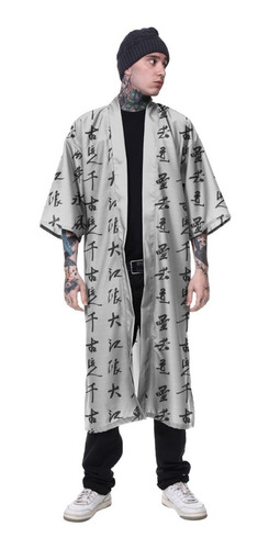 Kimono Haori Longo Kanji Nuvens China Japão Cloud Caligrafia