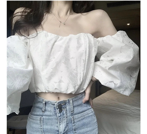 Top Corto De Jacquard Floral Con Hombros Descubiertos