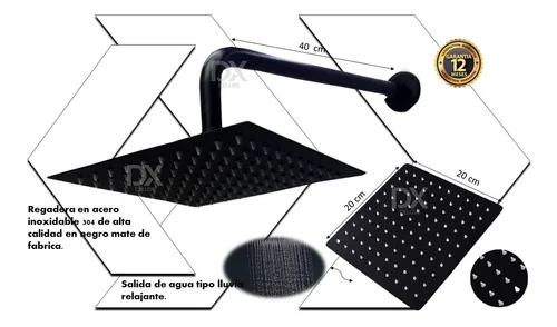 Regadera Para Ducha Cuadrada Negra 20 Cm Más Tubo
