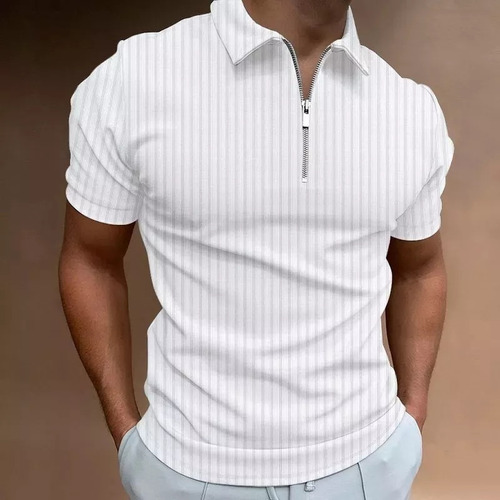 Camiseta Polo Para Hombre Con Rayas Y Cremallera 2024 Nuevo