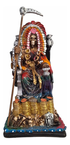 Figura Santa Muerte Azteca Con Penacho En Trono 32 Cm Curada