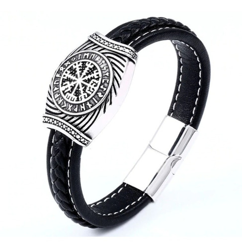 Pulsera Brujula Vikinga Vegvisir Cuero Acero Inoxidable