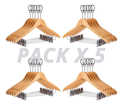 Pack 5 Perchas Antirrobo Lujo Madera Hotel Pantalon Pollera