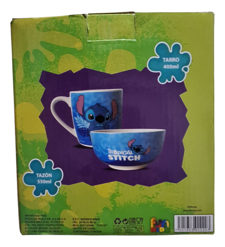 Taza Y Tazón Stich, Cerámica Azul Acero