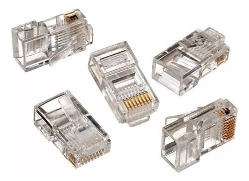 Kit 100 Conector Rj45 Utp Cat5e Banho De Ouro Cabo De Rede Até 1 Gigabit 100mhz