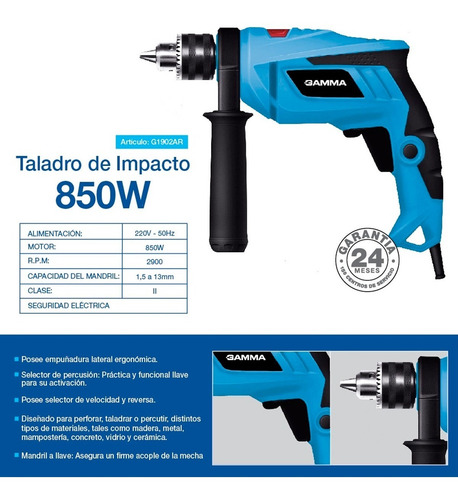 Imagen 4 de 9 de Taladro Eléctrico Percutor Gamma G1902 2900rpm 50hz 850w