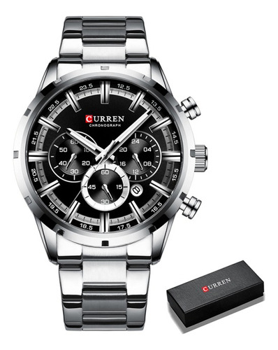 Reloj Curren 8355 con cronógrafo deportivo funcional para hombre, correa de color plateado, color de fondo negro