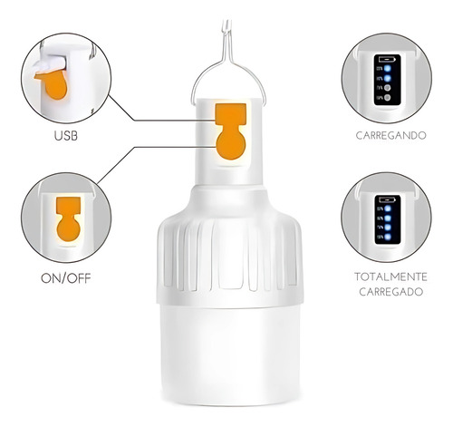 Lampião Lâmpada Led Recarregável Usb Portátil Para Camping, Barraca, Pesca, Emergência 3 Níveis De Luz