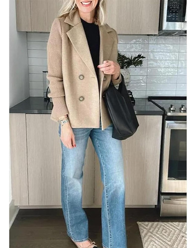 Women's Lapel Button Knitted Patchwork Sleeve Casual Coat
