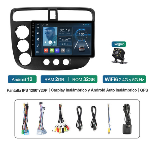Auto Estéreo 2+32g For Honda Civic 2001-2005 Gps Wifi Bt Fm