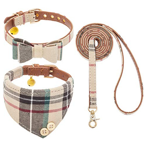 Dog Leash Set - Classic Plaid Dog Bow Tie And Dog Banda...