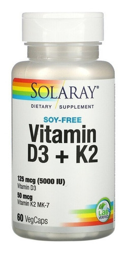 Vitamina D3 5000 UI + K2 50 mcg sin soja 60 cápsulas Solaray sin sabor y sin sabor