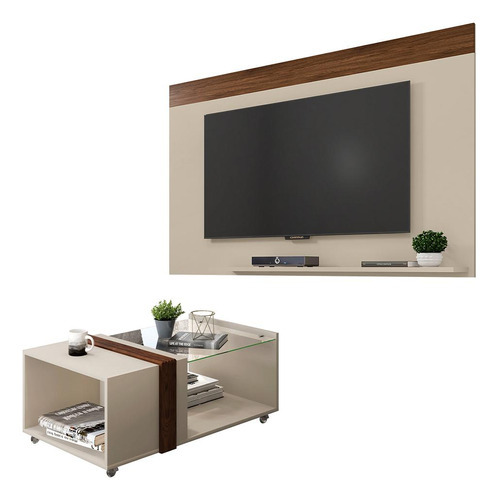 Conjunto Sala De Estar Painel Para Tv Com Mesa Malha Caemmun Cor Bege