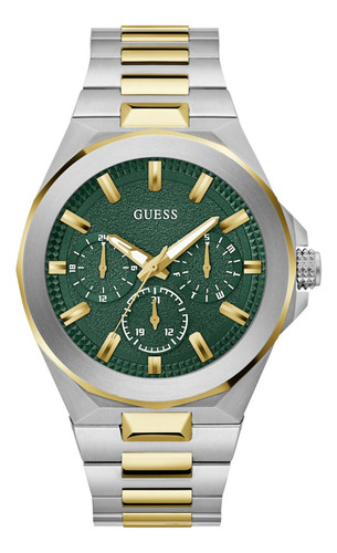 Reloj Guess Dashboard Verde Caballero Correa Bitono Bisel Plateado Fondo Verde Oscuro