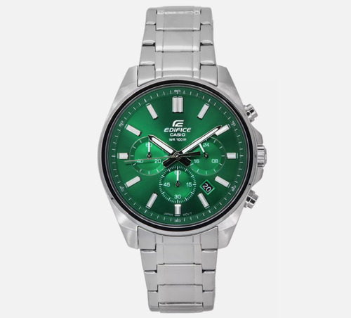 Reloj Casio Edifice Efv650d Azul Analogo Crono Fecha Wr100m Correa Plateada Bisel Plateado Fondo Verde
