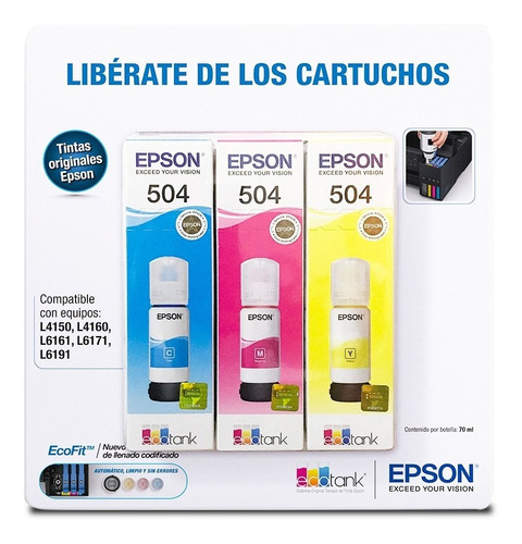 Imagen 2 de 4 de Kit 3 Tintas Epson T504 Ecotank Continua L4150 L4160 L6191