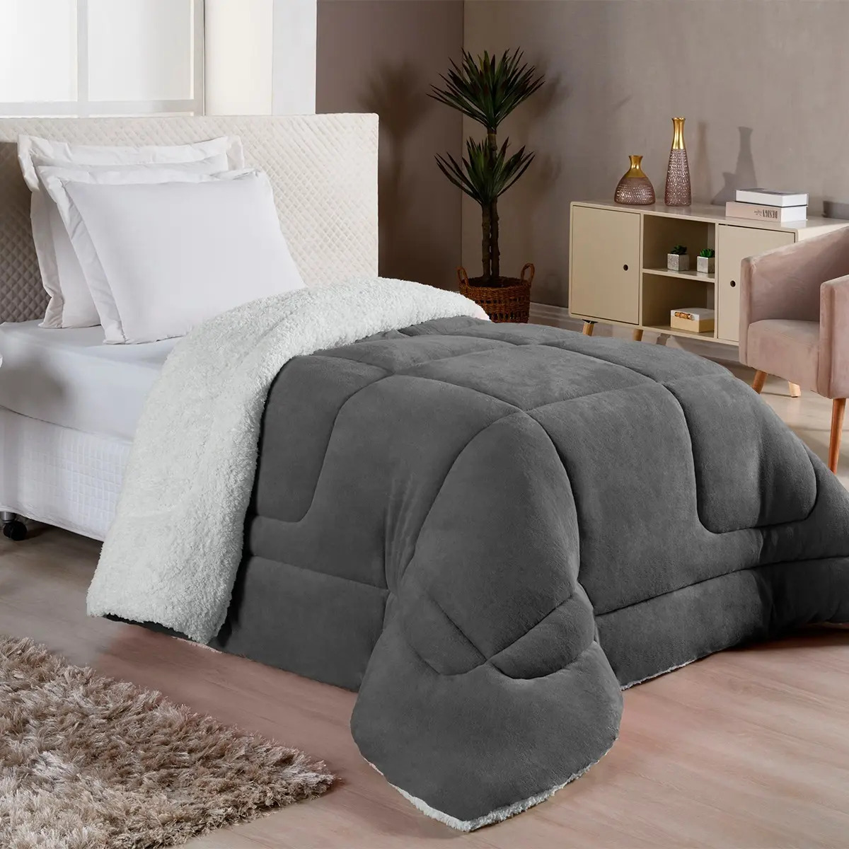 Edredom Casa Laura Enxovais Sherpa Coberdrom Solteiro Diseño Liso Color Cinza-claro De 1.6m X 2.3m
