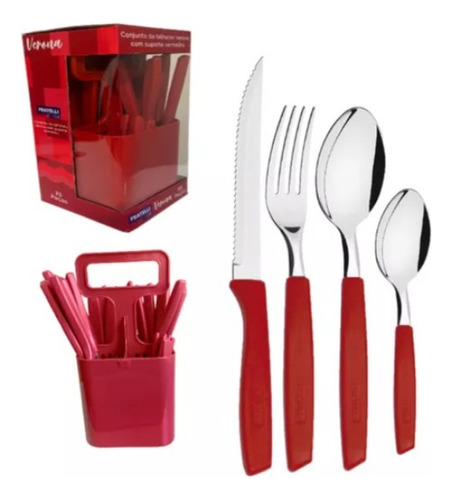 Jogo 25 Talheres Verona Faqueiro Inox C/ Suporte Para Talher Cor Vermelho