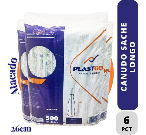 Canudo Sache Longo Plástico 6x500/3000 Unidades Bio Plastgel