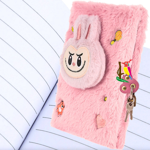 Diario Intimo Peluche + Lapiceras Glitter Candado Y Llaves Rosa Claro Fluffy 2025