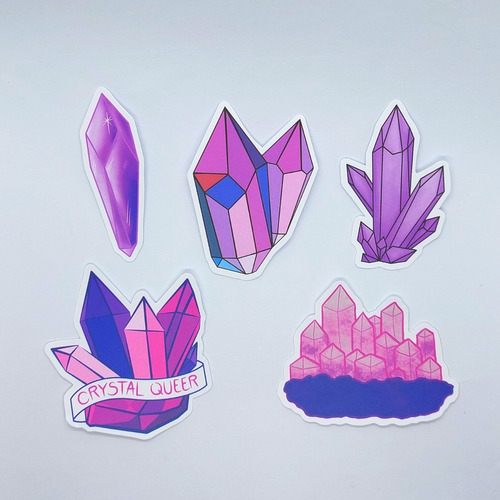 Kit 5 Stickers. Cristales Witchy. Rosa Y Morado. Calcomania